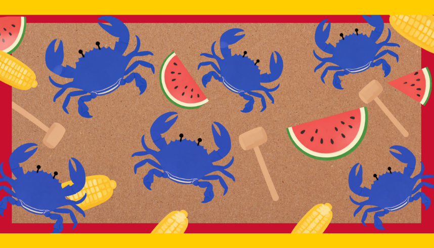 Cartoon style blue crabs, watermelon slices, and crab mallets on a tan mat