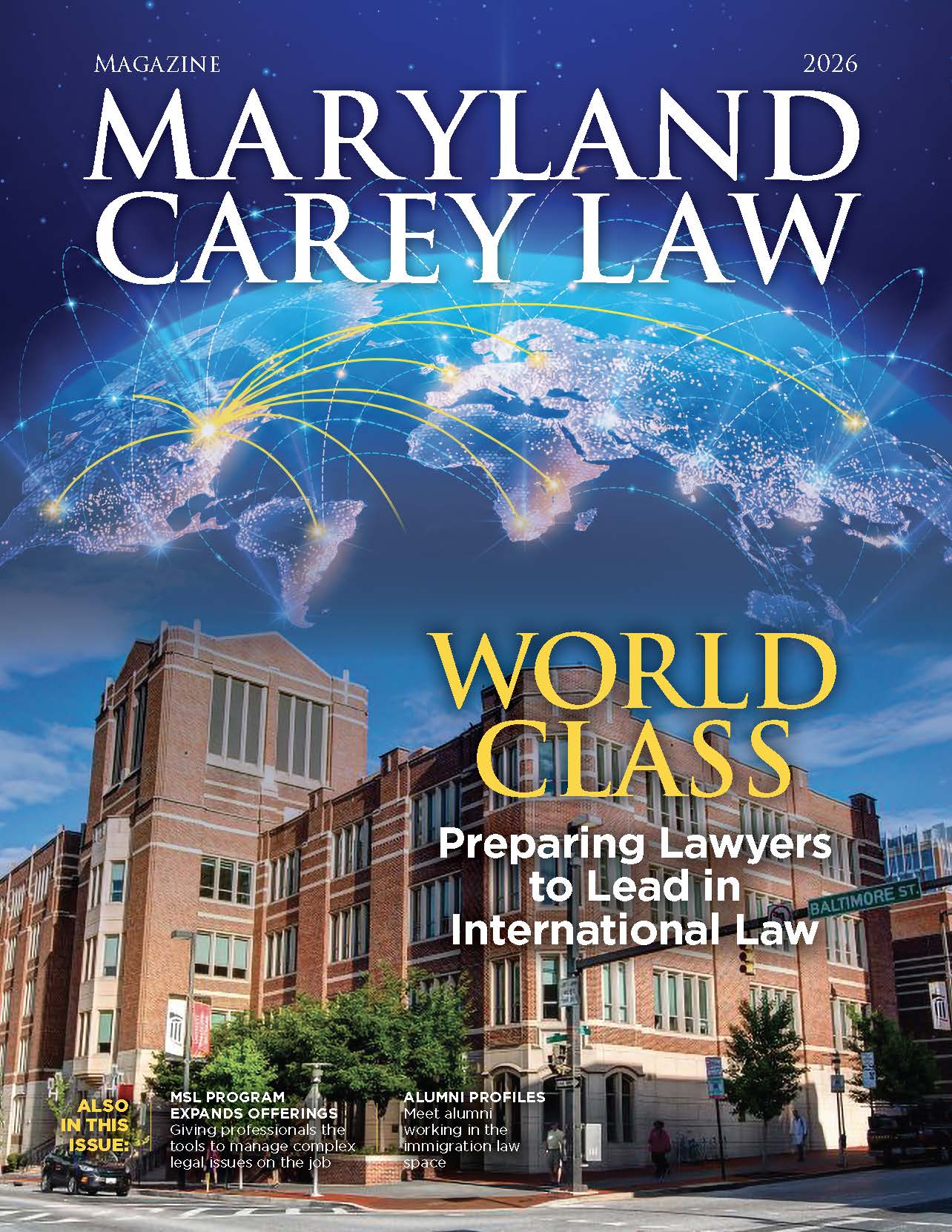 Maryland Carey Law building with futuristic world map