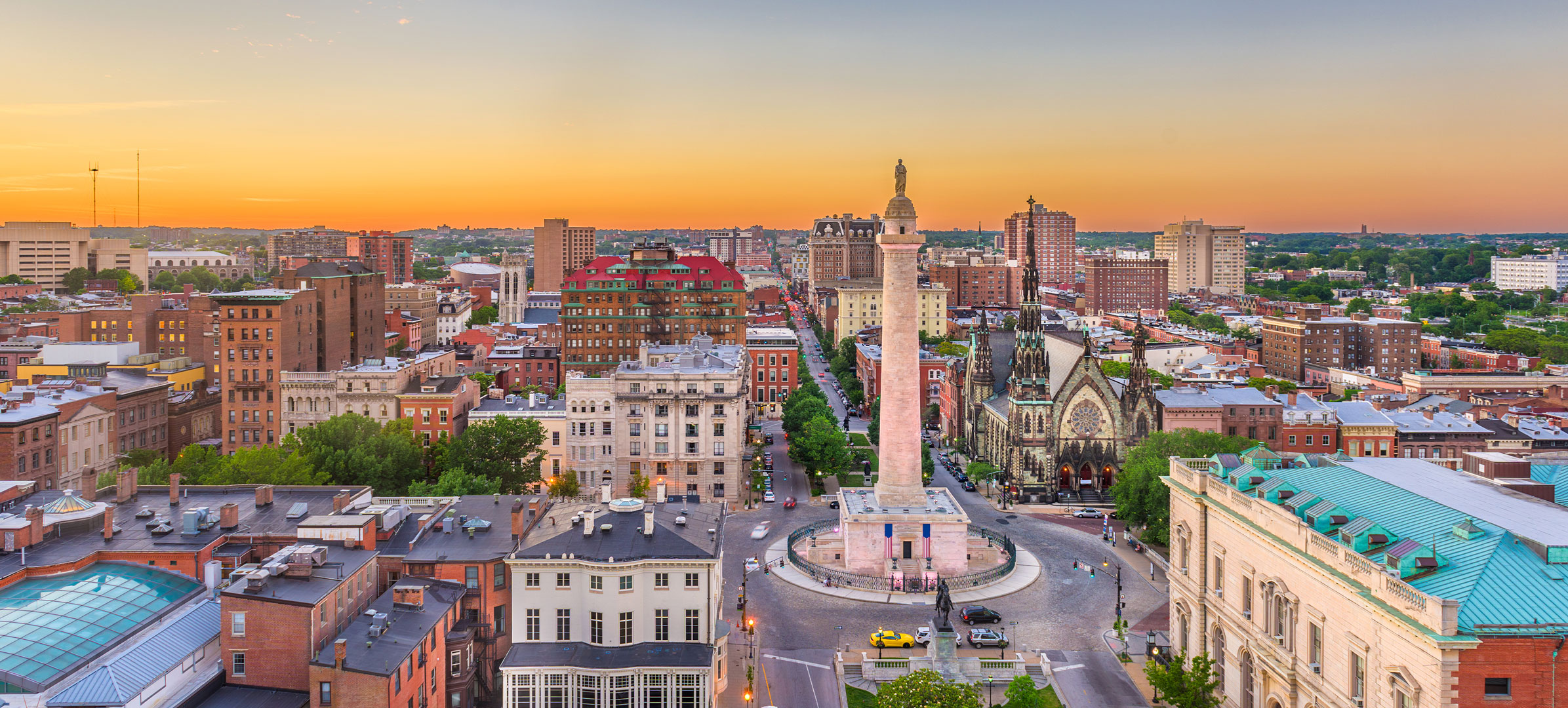 elevated photo of Baltimore, Washington monument in the center