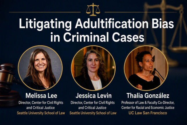 Flyer with photos of event speakers Professors Jessica Levin and Melissa Lee, and Professor Thalia González,