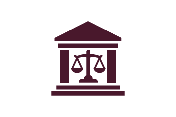 Outline of a building with a peaked roof and columns with the scales of justice in the middle