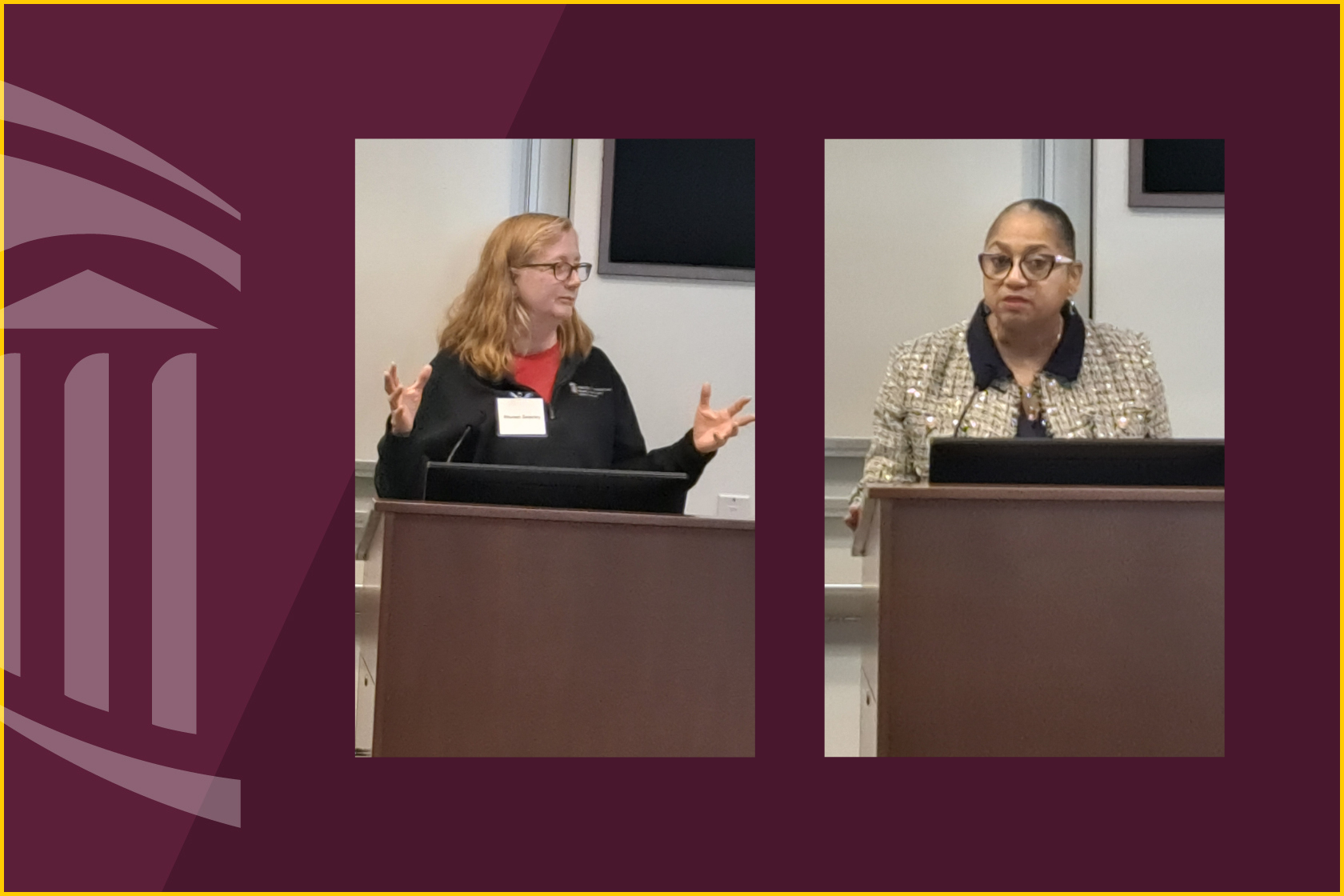 Professor Maureen Sweeney, director, Chacón Center for Immigrant Justice and Joseline A. Peña-Melnyk, speaker, Maryland House of Delegates speaking at a podium in a classroom
