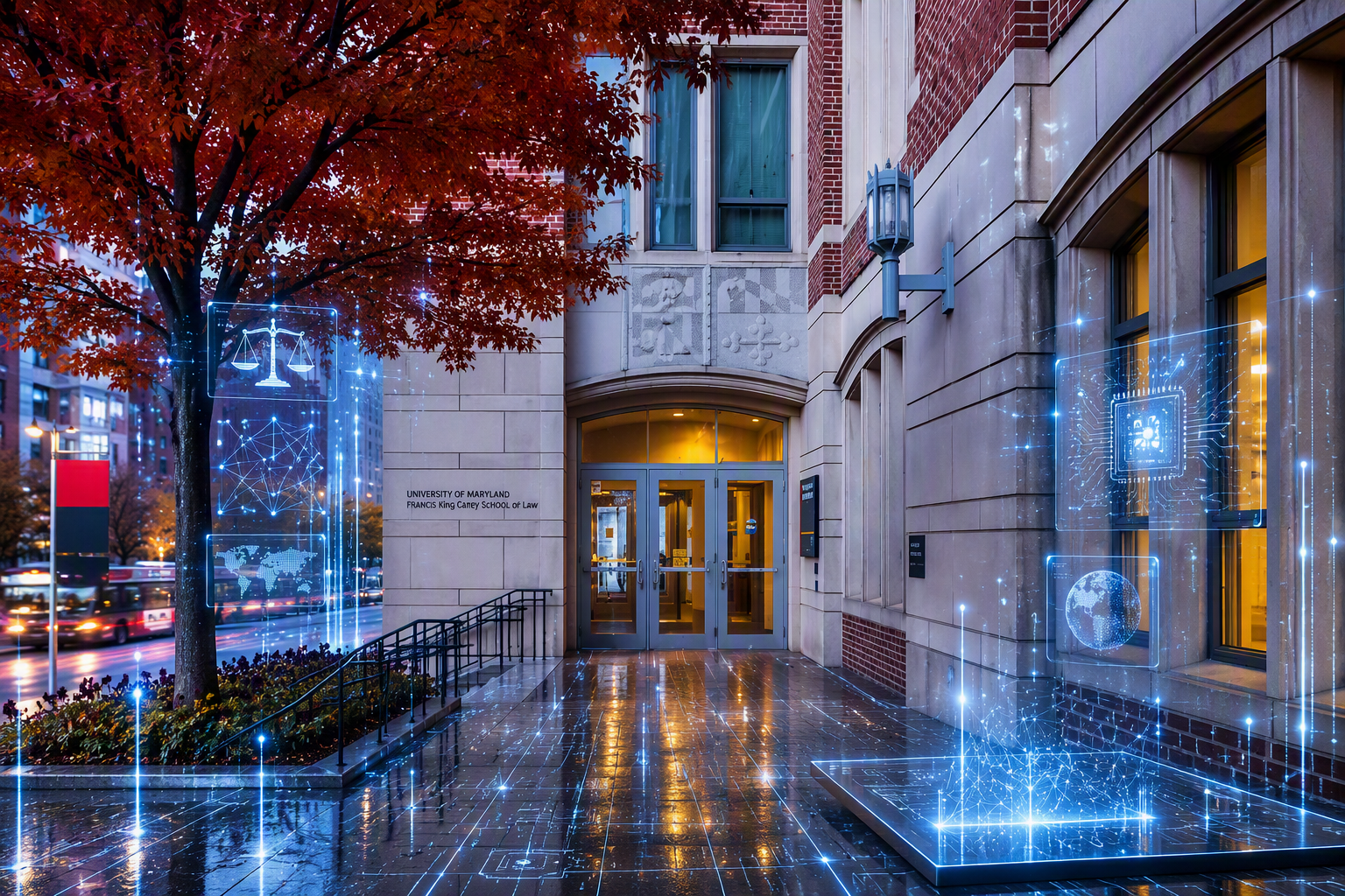 Law school building exterior with futuristic AI-related images