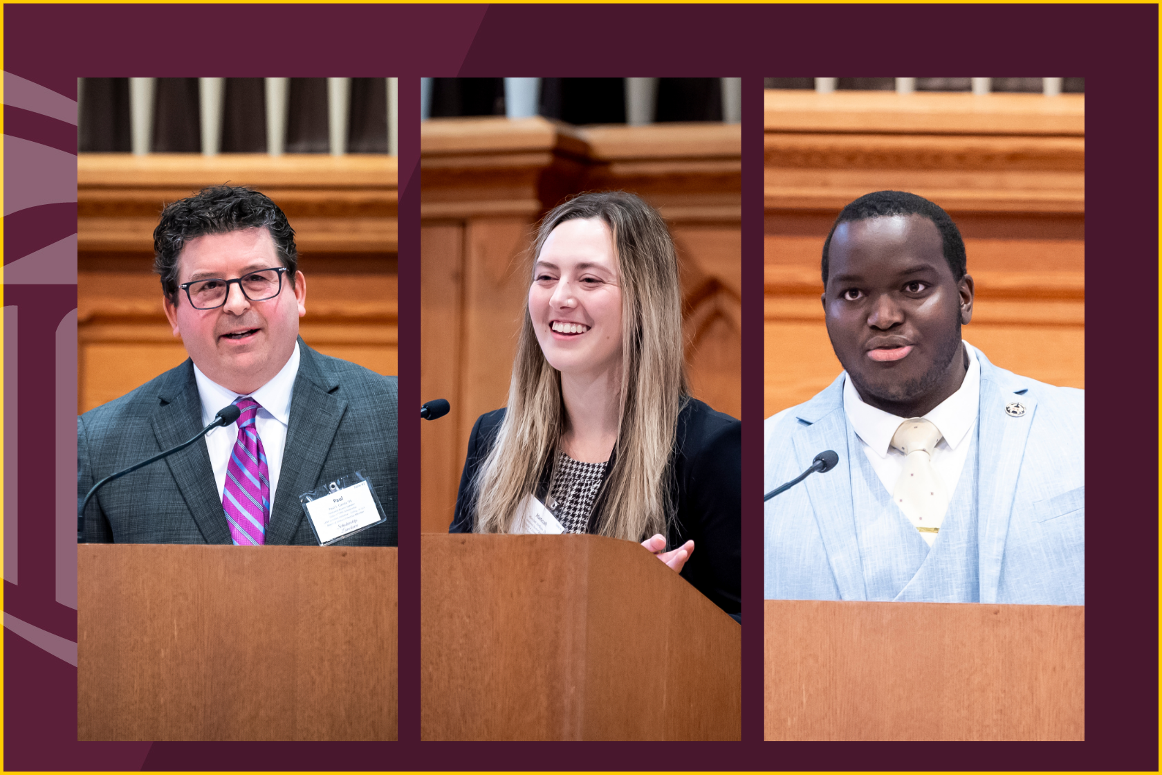 Three speakers at the podium at the 2026 Scholarship Luncheon in Westminster Hall